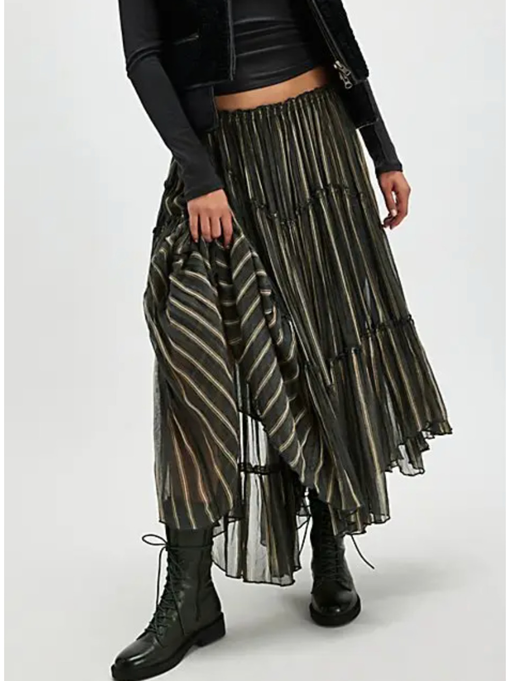NEW FREE PEOPLE FP ONE STORM CLOUD STRIPE EMBER PRINTED MIDI SKIRT SZ XS
